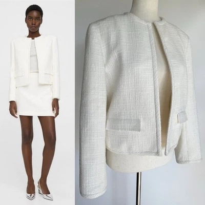 Theory Cropped Jacket in Cotton Tweed Size 6 Open Front White - Image 1 of 4