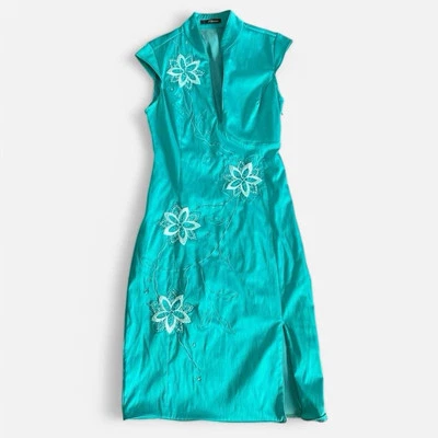 Jane Norman Turquoise Embroidered Floral Bodycon Stretch Dress - UK 10 - Image 1 of 4