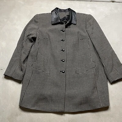 Blazer de lã Dana Buchman acabamento em couro preto branco jaqueta vintage anos 90 Houndstooth 14 - Imagem 1 de 4