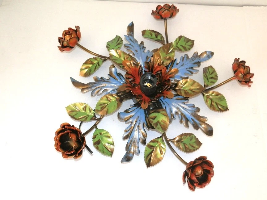 ARTERAMEFERRO Plafoniera LAMPADARIO IN FERRO BATTUTO con foglia ROSE colorate 1 luce