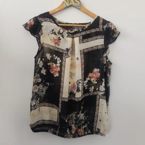 black sheer floral patchwork print blouse size 12 primark cap sleeve - Picture 1 of 2