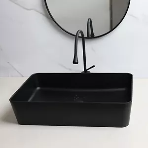Lavabo bagno rettangolare pietra resina lavabo lavandino nero rubinetto scarico - Foto 1 di 8