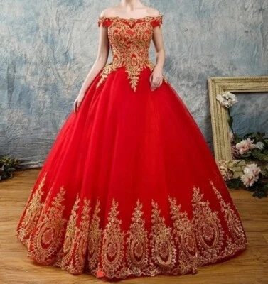 WOMEN PLUS SIZE GOLD LACE BALL GOWN FUSHIA TULLE DRESS ( FIT SIZES UK20-26 ) - Image 1 of 4