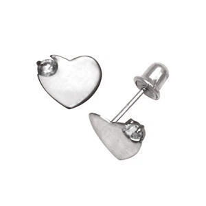 14K White Gold Zircon Heart Stud Screwback Earrings - Picture 1 of 1