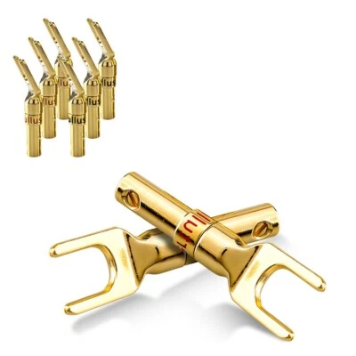 AUDIOCRAST 8x High End Kabelschuhe Gabelstecker für Lautsprecherkabel bis 4mm² 24k