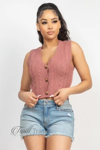 IRIS Pink Button Up V-Neck Sleeveless Knit Sweater Vest NEW - Picture 1 of 5