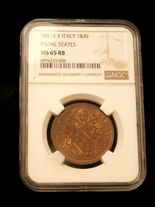 1851R Italy Papal States 1 Baiocco Copper Coin - NGC MS65RB - Picture 1 of 4