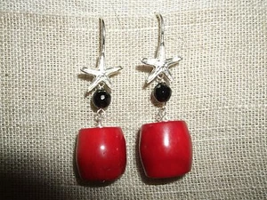 ORECCHINI PENDENTI TORMALINA NERA BAMBOO BAMBU' CORALLO ROSSO ARGENTO 925 SILVER - Imagen 1 de 6