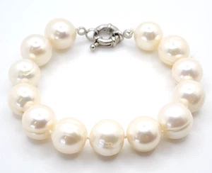 Lady's 7.5" Large 12mm White Freshwater Cultured Pearls Silver Clasp - Picture 1 of 4
