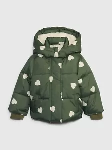 NEW GAP Toddler Girls Olive Green Hearts Hooded Puffer Jacket Sherpa Lined Sz 3T - Picture 1 of 1