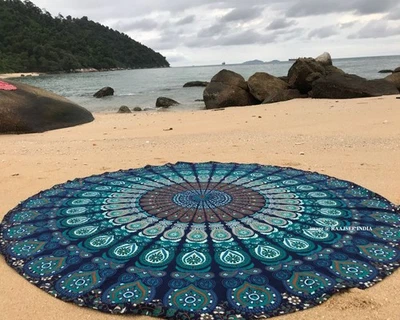 Tapeçaria de praia redonda turquesa mandala lance/boho hippie cobertor de praia Roundi... - Imagem 1 de 4