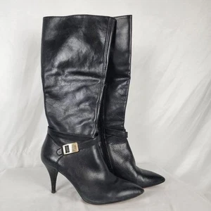 Vince Camuto Ofra Slouch Black Leather Zip Up Boot Gold Hardware Women's Size 6 - Picture 1 of 16