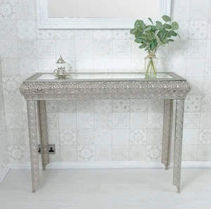 Moroccan Silver Embossed Metal Console Table with Glass Top 33Dx102Wx75H cm - Picture 1 of 12