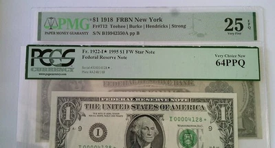 $1 1918 FRBN New York Large size&$1 1995 $1 FW Star Note Small Size READ LISTING - Image 1 of 4