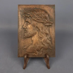 Antica Icona Sacra In Bronzo Volto Gesù Con Corona Spine Con Espositore XX Sec. - Picture 1 of 13
