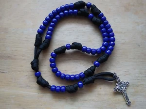 Blue Beads on Black Cord Paracord Rosary FREE St Michael or St Benedict Medal - Picture 1 of 4