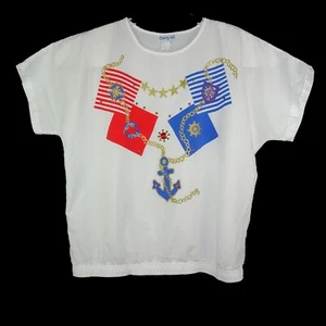 Vintage Cherry Hill Top Nautical Size 1X Retro Short Sleeve Embellished Blouse - Picture 1 of 14