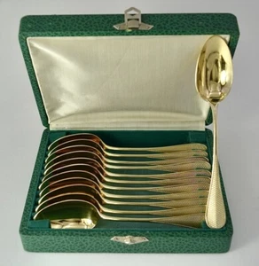 Antique Set 12 PCS Spoons Tea Coffee Golden Silver In Original Box Around 1865 - Picture 1 of 12