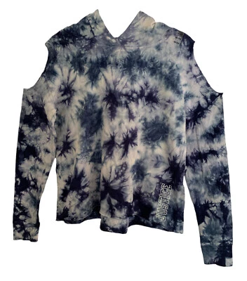 Justice Girls Hoodie Blue Size 18/20 Cotton Pullover Tie Dye Cold Shoulder Logo - Image 1 of 4