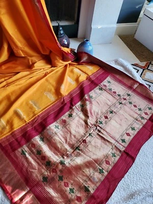 Women Pure Silk  Designer  Paithani  Saree Handloom Indian Festive Party  - Image 1 of 4