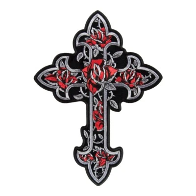 Red Climbing Roses Cross Patch, Christian Back Patches - Image 1 of 4