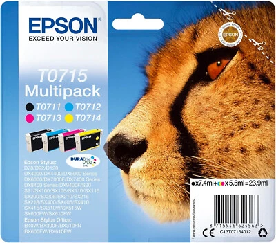 Epson Ghepardo Serie T0715 Multipack 4 Colori Nero Ciano Magenta Giallo original - Immagine 1 di 4