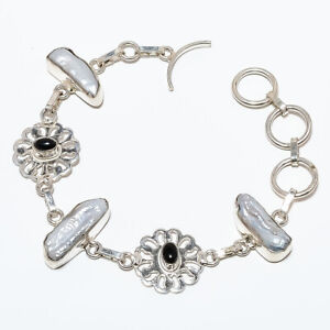 Natural Biwa Pearl & Black Onyx 925 Sterling Silver Bracelet 7-7.99" TB7511-333