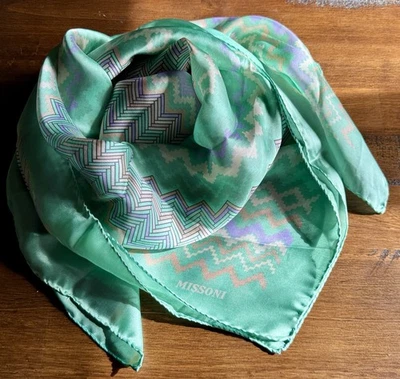 Vintage Missoni Silk Scarf 34x34” Turquoise Pastel Zigzag Geometric Print Italy - Image 1 of 4