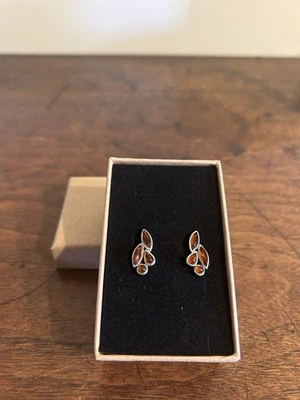 A Pair of Vintage Sterling Silver & Amber Earrings, Hallmarked & With Box — 第 1/4 张图片