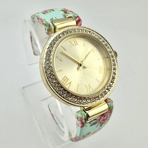 Accutime Watch Womens 36mm Gold Tone Floral 6.7" Cuff Bracelet - New Battery - Picture 1 of 12