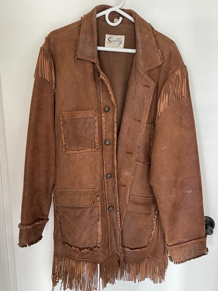 SCULLY Brown Western Crackle Leather Fringe Eagle Buttons Blazer Jacket. Size 46 - Image 1 of 4