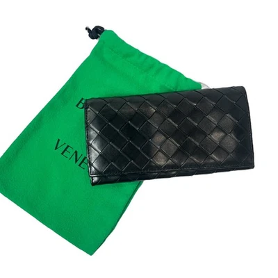 $1050 Bottega Veneta Black Intrecciato Woven Leather Long Wallet Zip Coin Pouch - Image 1 of 4
