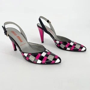 Vintage Retro Miu Miu Pink Black White Woven Pointed Toe Slingback Pump IT 39 - Picture 1 of 11