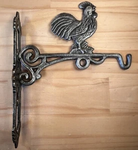 CROWING COCKREL Rustic Silver Cast Iron Farm Bell Bracket Rooster Basket Holder - Picture 1 of 24