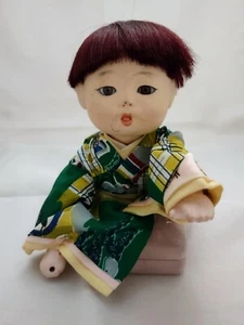 1950s Japanese Gofun Porcelain Crawling Baby Doll | Green Kimono 10” - Picture 1 of 8