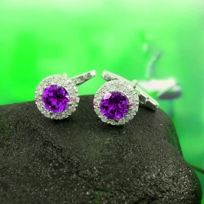 Pedras preciosas masculinas de ametista natural e zircônia com abotoaduras de prata esterlina 925 #45 - Imagem 1 de 3