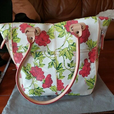 Bolso de Mano Tignanello Cama de Rosas Floral Blanco con Rosas Rojas Cuero Natural  Foto 1 de 4