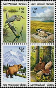 4 estampillas de EE. UU. SALVA HÁBITATS DE VIDA SILVESTRE: montaña, humedal, pastizal, bosque - Imagen 1 de 1