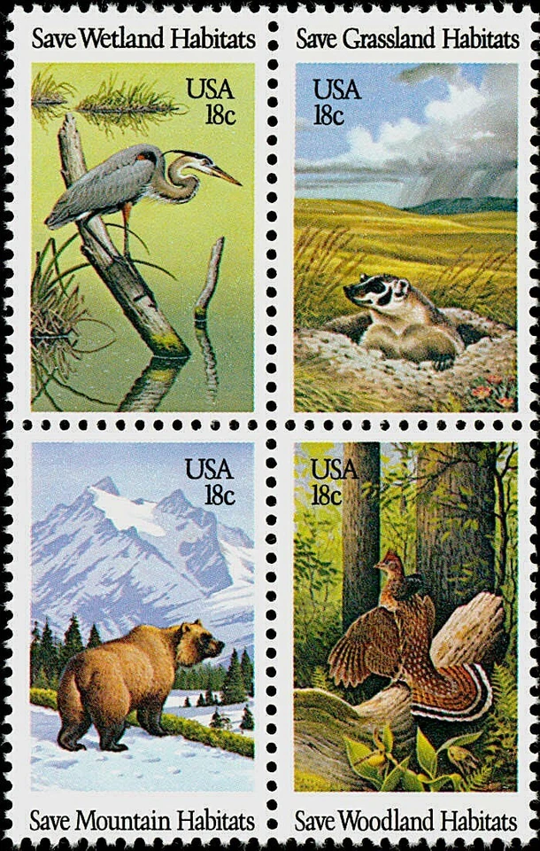 1981 SAVE WILDLIFE HABITATS MNH Block 4 x 18¢ Stamps #1921-24 Woodland, Mountain - Image 1 of 1