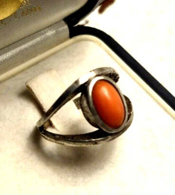 Vecchio anello argento massiccio 800 fatto a mano corallo vero italiano - Immagine 1 di 2