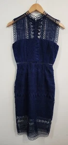 BARDOT Label Womens Straight Sheath Navy Blue Lace Broderie Dress Size 6 EU 34 - Picture 1 of 8