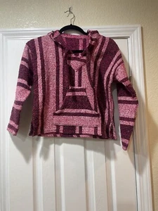 Girls’ Striped Pink Mexican Baja Hooded Poncho Sz S - Picture 1 of 2
