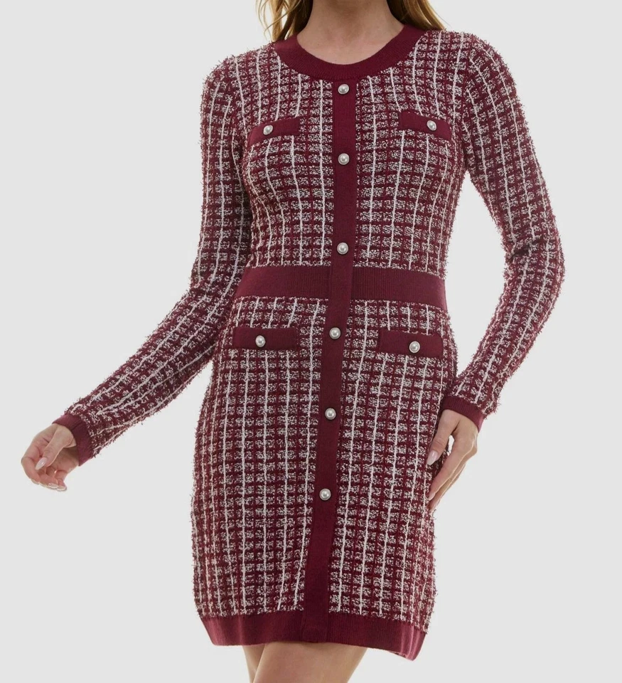 BCX Women's Juniors' Red Round-Neck Long-Sleeve Tweed Sweater Dress Size M