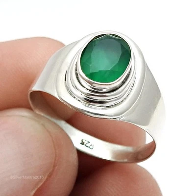 Verde Naturale Onice Regalo di Natale Fedina Gioielli 925 Argento Sterling US 7 - Immagine 1 di 4