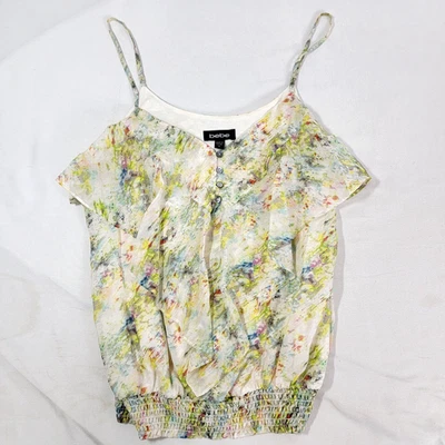 Camisa BEBE Para Mujer Correa SEDA Volantes Acento Banda Cintura Crema Amarillo Verde MEDIANA Foto 1 de 4