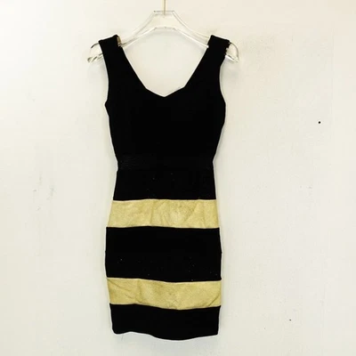 Mini Vestido WINDSOR Dorado Negro Vendaje PEQUEÑO Malla a Rayas Cintura Elastizado Brillante Foto 1 de 4