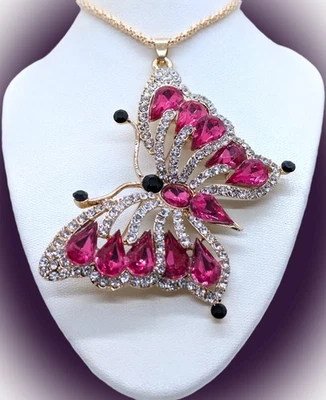 Pretty Pink & Sparkly! Betsey Johnson Large Butterfly Crystal Necklace & Brooch! - Image 1 of 4