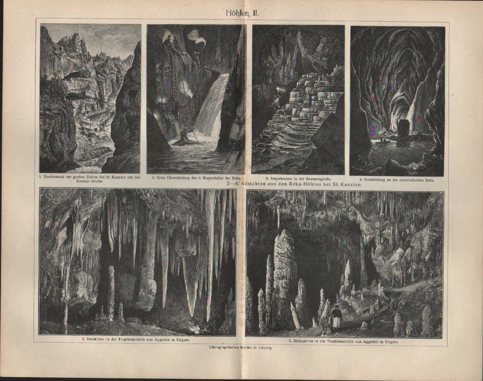 Lithografie 1909: Höhlen I/II. Sinterbecken in der Brunnengrotte Tominz-Grotte  - Bild 1 von 1