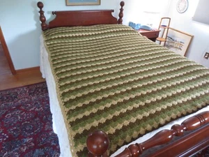 Crocheted VARIEGATED BROWN OLIVE TAN Wool or Wool Blend AFGHAN COVER - 59" x 88" - Picture 1 of 5