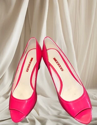 Sandalias Prada Peeptoe Rosa Vibrante Cuña Plataforma Tacones Talla 38 * Foto 1 de 4